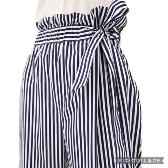 Zara Basic Navy & White Vertical Stripe High-Rise Paperbag Style Belted Pants - Picture 3 of 16